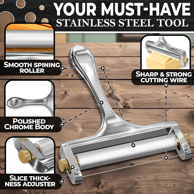 Cheese Slicer Wire - Sharp & Strong Stainless Steel Cheese Cutter Handheld with 2 Extra Wires, Slice Tickness Adjuster, Comfortable Handle & Dishwasher Safe, for Mozzarella, Cheddar & Gruyere Slicing