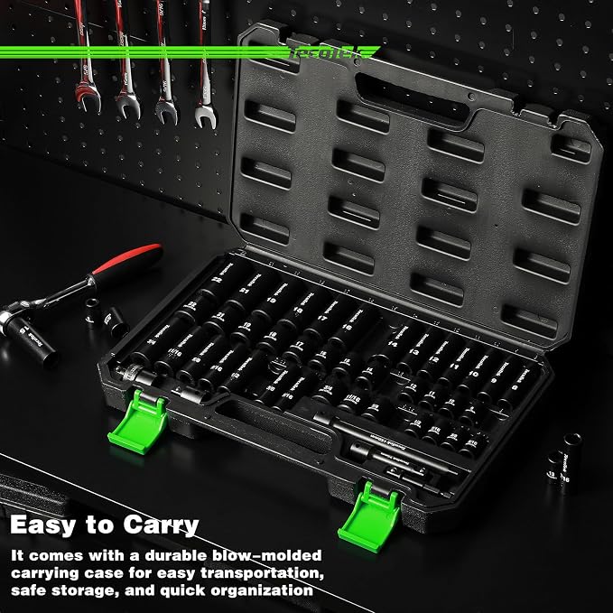 TecoTek 3/8" Drive Impact Socket Set, 49-Piece Standard SAE (5/16"-3/4") and Metric (8mm-22mm), 6 Point, Cr-V, Extension Bars, 1/2" F to 3/8" M Reducer, Universal Joint and Power Drill Adapter