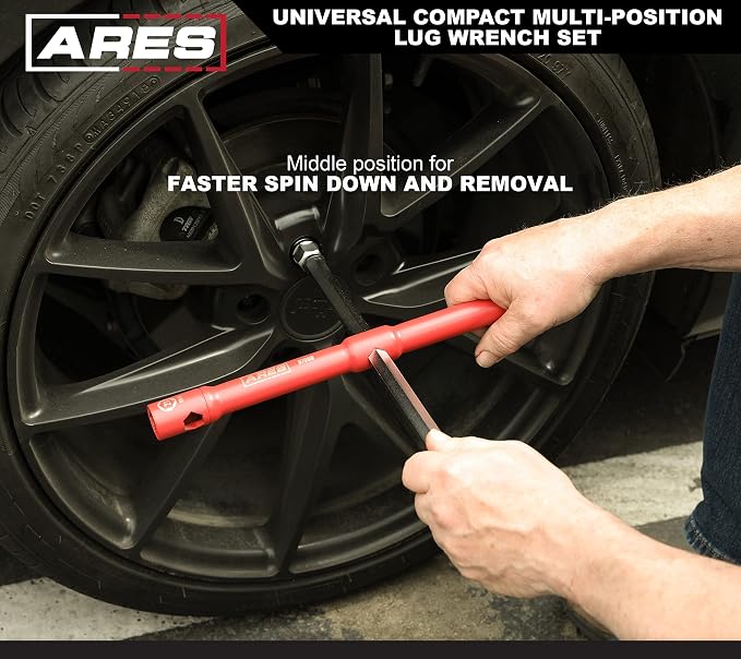 ARES 57000 Universal Lug Wrench Set, 17/19/21mm Sockets, 26-In | 26-Inch length; unique 1/2-Inch drive socket adapter end; compact design with storage pouch.