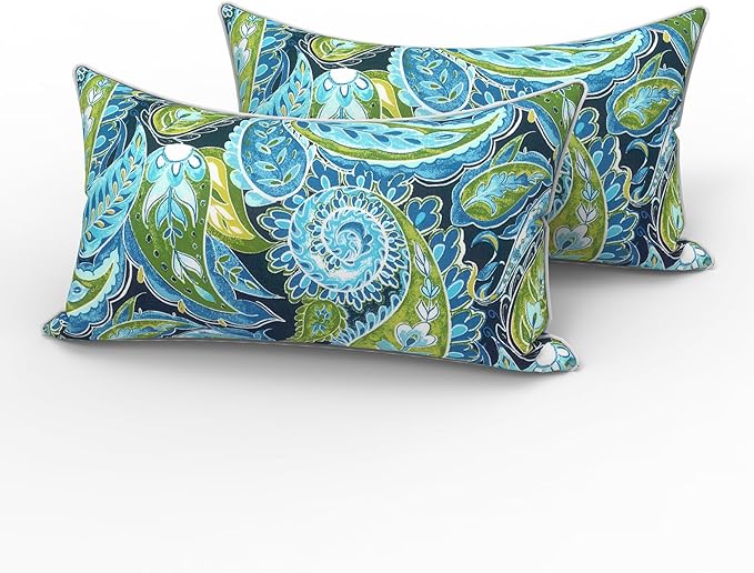 LVTXIII 2 Pack Outdoor Lumbar Pillows 12x20 Inch with White Piping, Fade Resistant Support Throw Pillows with Inserts for Patio Furniture, Sofa, Chair, Paisley Lapis Green