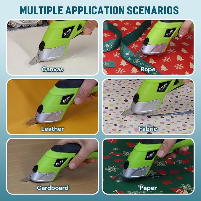 Cordless Electric Scissors, VLOXO Cardboard Cutter Electric Fabric Scissors with Blades Rechargeable Powerful Fabric Cutter for Crafts Leather Carboard Carpet Plastic Felt with Case Green CS4001