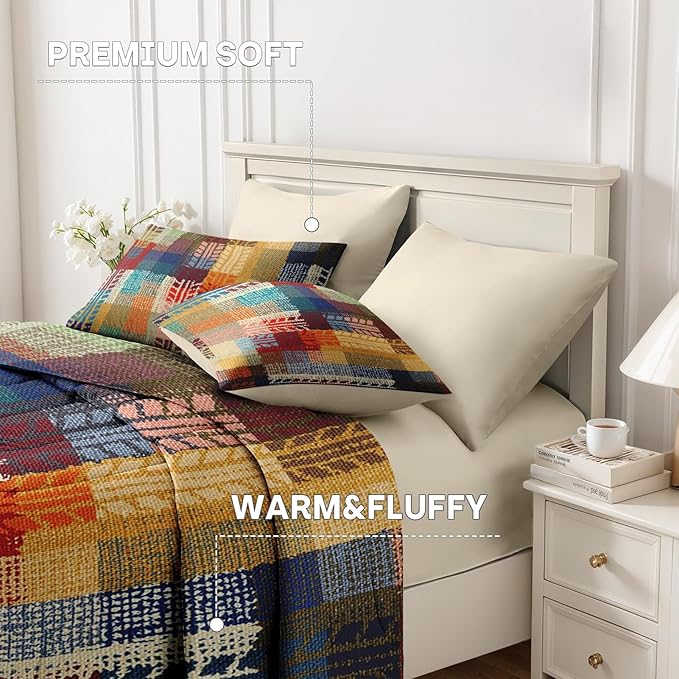 Nesker Comforter Set King Size, Boho Vintage Geometric 7 Pcs Bedding for Kids and Adults, Painting Colorful African Bed Sheet Sets with Fitted Sheet 2 Pillowcases & 2 Shams