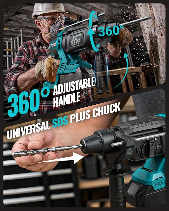 MtiolHig 1" SDS-Plus Cordless Rotary Hammer Drill Compatible with M-akita 18V Battery, 3J Impact Energy Brushless Motor, 7-Speed Variable 4-Mode with 5 Chisel/Bit Set for Concrete/Masonry, Tool Only