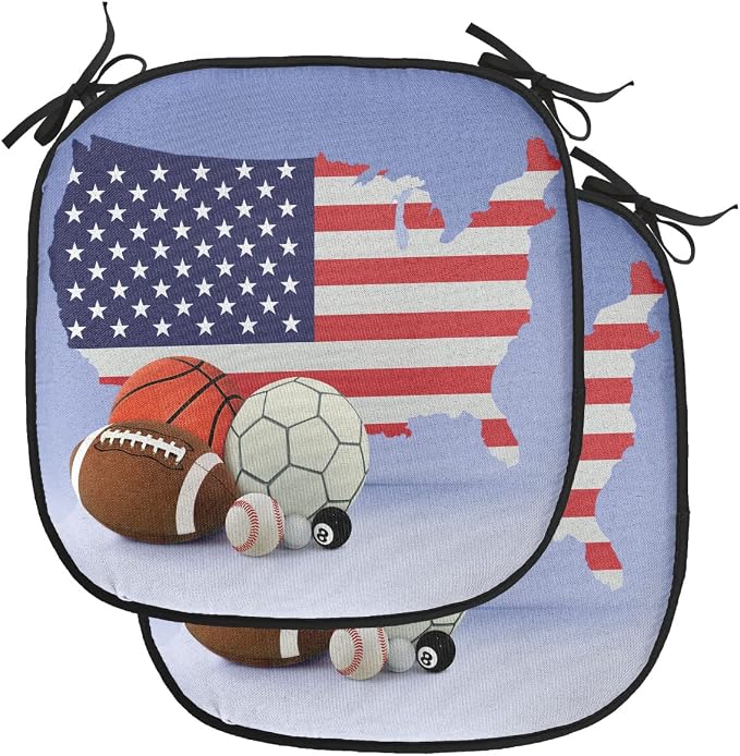 Lunarable Americana Chair Cushion Pads Set of 2, American Map and Sport Balls Basketball Football Competition Matches, Anti-Slip Seat Padding for Kitchen & Patio, 16"x16", Purple Grey Multicolor