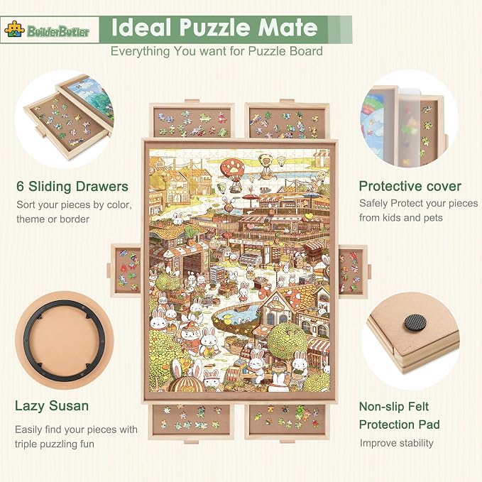 BuilderButler 1500 Pieces Rotating Puzzle Board with 6 Drawers,34.25"x25.2" Portable Wooden Jigsaw Puzzle Table with Lazy Susan Spinning Cover
