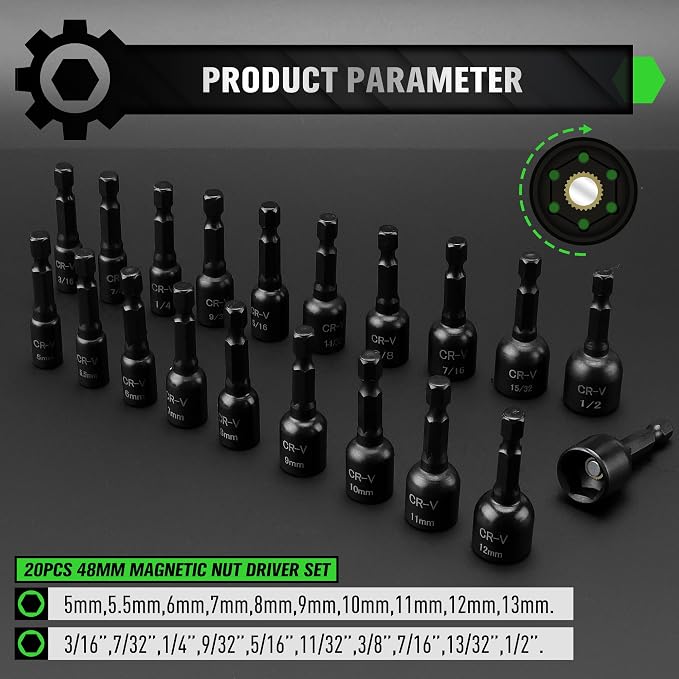 20-Piece Magnetic Nut Driver Set, Metric & SAE 1/4" Hex Shank, Drill Socket Set, Impact Driver Bit Set, Magnetic Bit Holder with Aluminum Alloy Snap Clip, Quick Change Tool