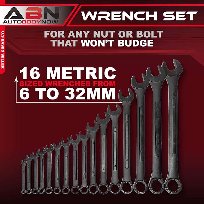 ABN Combination Wrench Set – 16 Pc Raised Panel Metric Wrench Set with Wrench Roll Up Pouch, Black Spanner Wrench Set