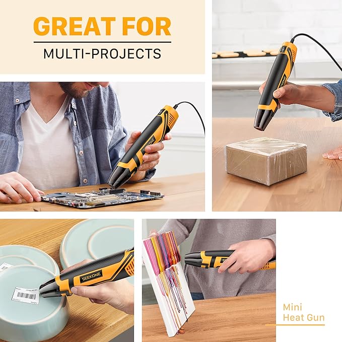 SEEKONE Mini Heat Gun, 350W 2-Temp Settings 500℉ & 842℉（260℃& 450℃） Fast Heat Hot Air Gun Tool with Reflector Nozzle and 4.9Ft Long Cable Overload Protection for Crafting, Vinyl Wrap and Shrink Tubing