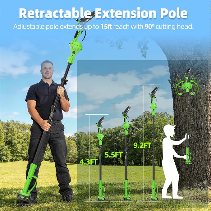 3-in-1 Electric Pole Saws for Tree Trimming, 8 Inch & 6 Inch Mini Chainsaw Cordless with 2x4.0 Ah Battery, Battery Powered Pole Chain Saw, 16 Ft Reach, Telescopic Chainsaw Tree Trimmer Branch Cutter