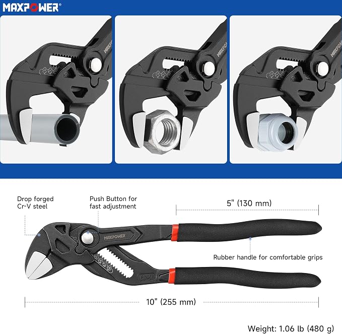 MAXPOWER 10-inch Pliers Wrench, 2-inch Jaw Opening, Smooth Parallel Jaws