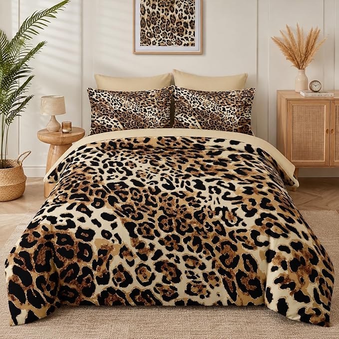 Nesker Comforter Set Full Size, Leopard Print Wild Cheetah 7 Pcs Bedding for Kids and Adults, Animal Safari Skin Pattern Bed Sheet Sets with Fitted Sheet 2 Pillowcases & 2 Shams