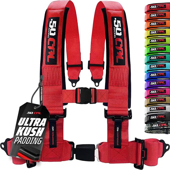 1pc 50 Cal Red 4 Point Harness 3in Straps, Racing Harness Seat Belt | Ultra Kush padding, Push Button quick release hardware. Universal Fit for UTV, RZR, race car.