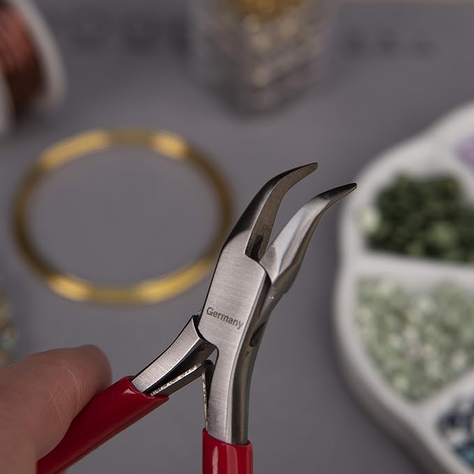 The Beadsmith Platinum Series German Bent Chain Nose Pliers, 4.75 inches (120mm) with polished steel head, red PVC comfort grip handle and double-leaf spring, tool for jewelry making