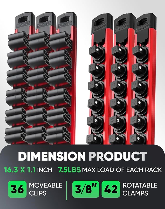 ALOANES 6PC Magnetic Tool Organizer Set - 36 Slot Screwdriver Holder & 42 Clip 3/8" Socket Rail, Heavy Duty Aluminum for Toolbox & Pegboard (Red)