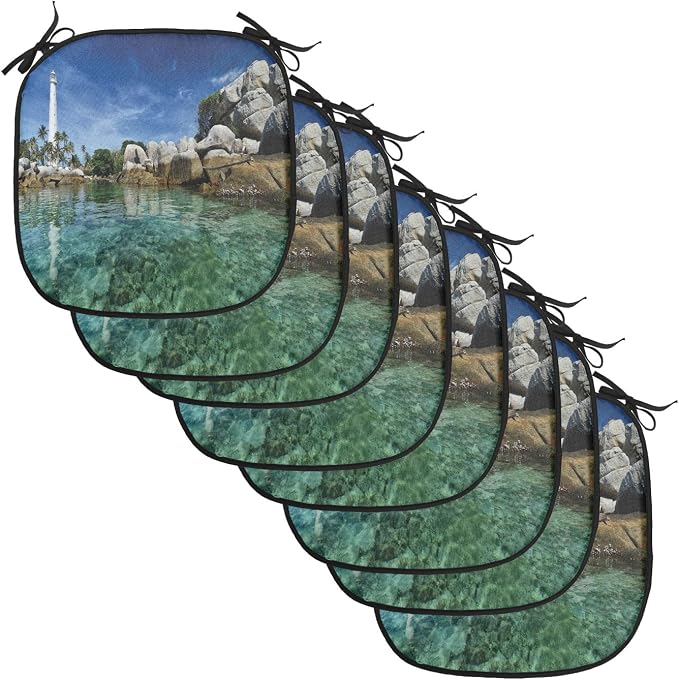 Lunarable Lighthouse Chair Cushion Pads Set of 8, Lighthouse Clear Water Palm Trees Summer Sky Rocky Shoreline Seascape, Anti-Slip Seat Padding for Kitchen & Patio, 16"x16", Teal Blue Grey