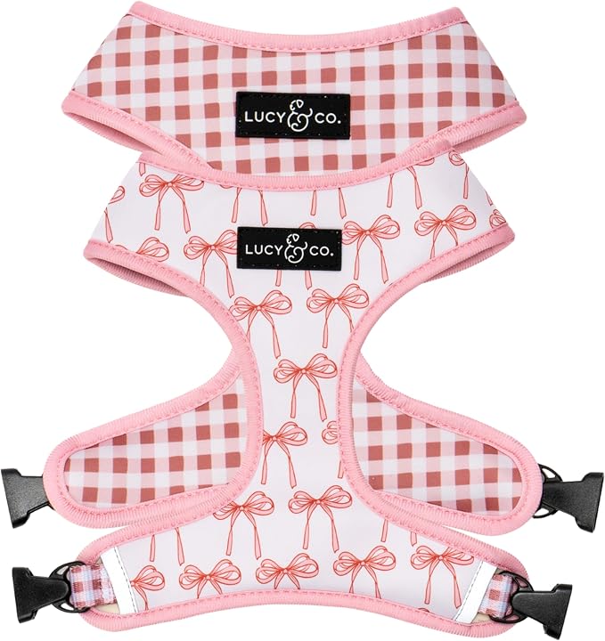 Lucy & Co. Reversible Dog Harness - Water-Repellent Neoprene, Dual-Print Design, Easy Swap Style, Adjustable Comfort Fit - Take a Bow Reversible Harness - Medium