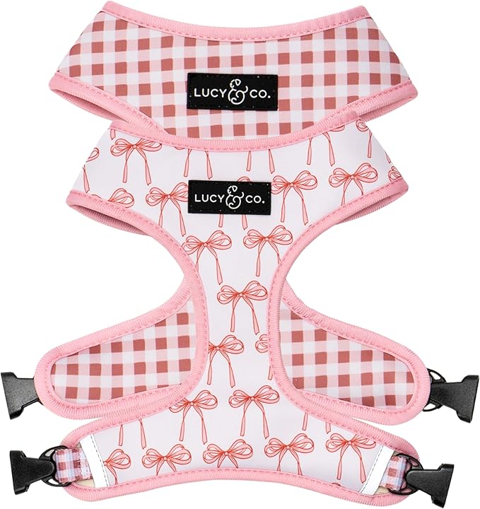 Lucy & Co. Reversible Dog Harness - Water-Repellent Neoprene, Dual-Print Design, Easy Swap Style, Adjustable Comfort Fit - Take a Bow Reversible Harness - Small