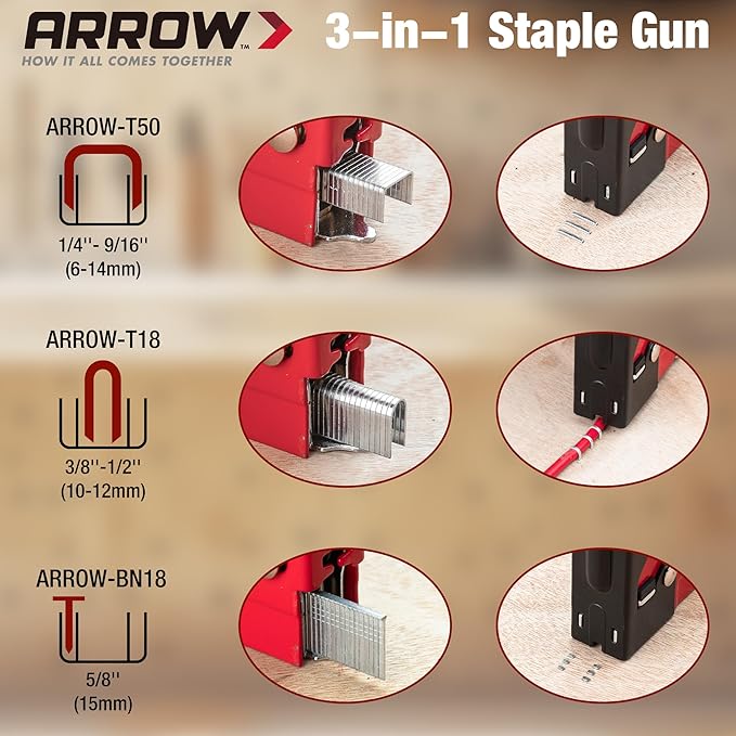 Arrow Heavy Duty Staple Gun, 3-in-1 Upholstery Staple Gun with 3000 Staples, Manual Brad Nailer with Remover, Power Adjustment Stapler Gun for Wood, Wire, Decoration, Fixing Material, Crafts, DIY