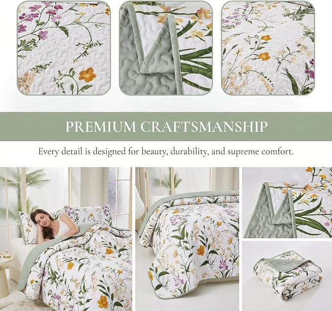 Boho Floral Quilt Set King Size, Lightweight Microfiber Bedspread Coverlet, Soft All Season Bedding with 2 Pillow Shams, Vintage Botanical Pattern (New-Orange Flowers, King) | Breathable
