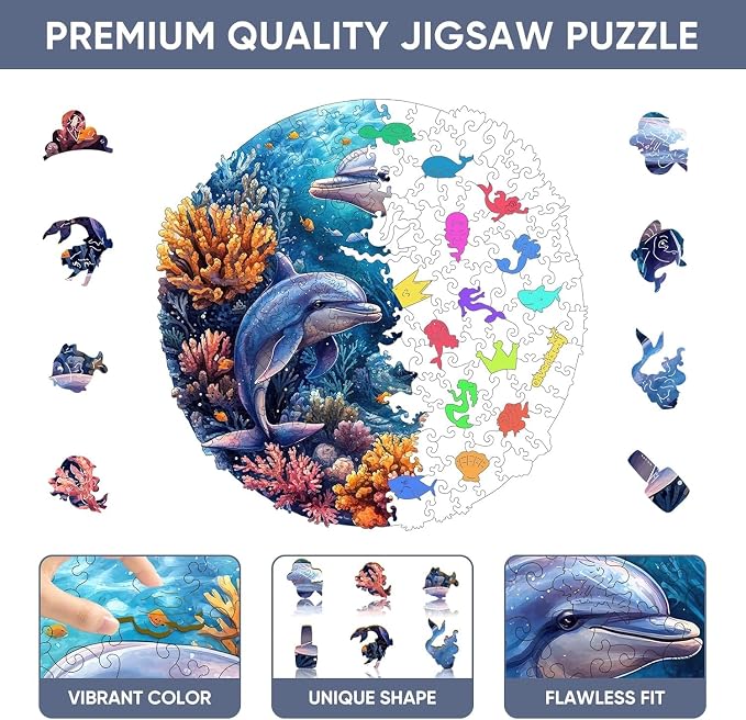 Qiuenisray Wooden Puzzles for Adults, Dolphins Jigsaw Puzzles 200 Pieces, FSC Certified Unique Shape Ocean Adult Puzzles, Irregular Wood Creative Gift for Family Game 11.2 x 11.2 in