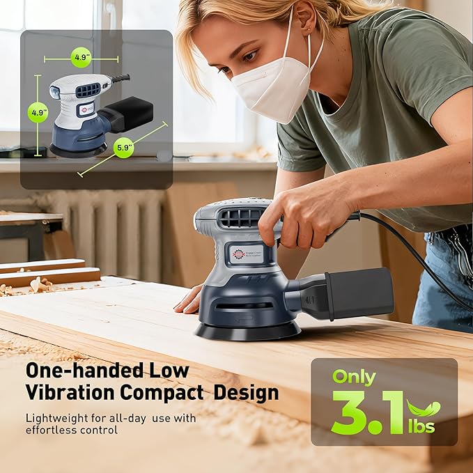 5-Inch Random Orbital Sander, 3Amp Electric Corded Palm Sander with 6 Speeds (6000-13000 OPM), Dustless Dust Bag & Vacuum Adapter, 15 Sandpapers for Woodworking, Furniture Refinishing, Paint Removal