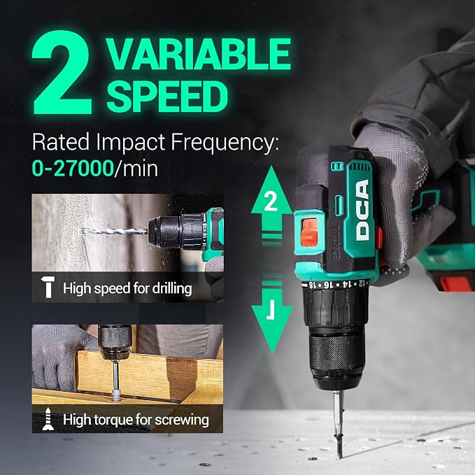 DCA 20V Brushless Hammer Drill Cordless, 492 in-lb Torque Impact Drill, 1/2" All-Metal Keyless Chuck,18+1+1, (0-450/0-1800RPM), 27000 IPM, Compact Design with 2.0Ah Battery & Charger,ADJZ2055i