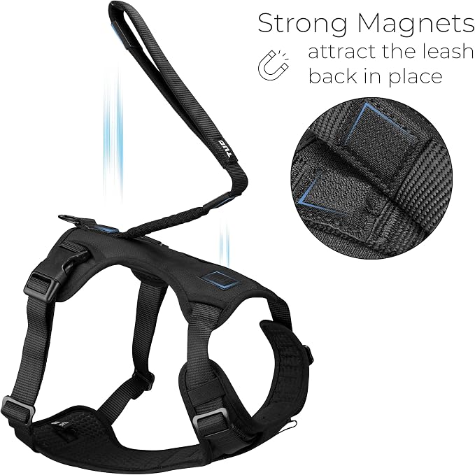 TUG Grab Dog Harness with Built-in Magnetic Traffic Leash (Medium/Black) | Padded Magnetic Traffic Handle | Dual Leash Clips | 4-Point Adjustable Fit | Durable Nylon