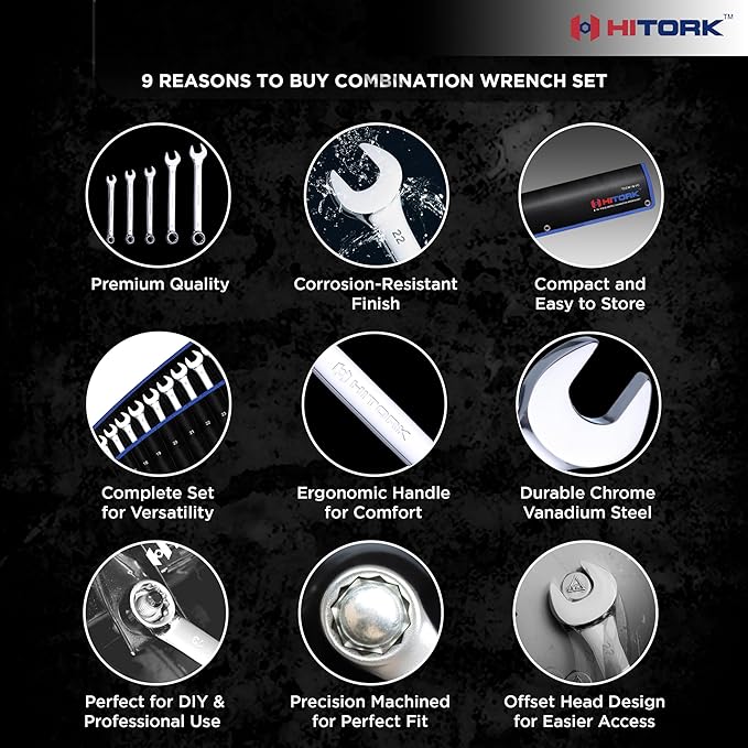HITORK 19 Piece Metric Combination Wrench Set, 6-24 mm, CR-V, Storage Pouch | Mirror chrome finish, 15° Offset box ends and organized roll up storage improve access, control automotive repair work