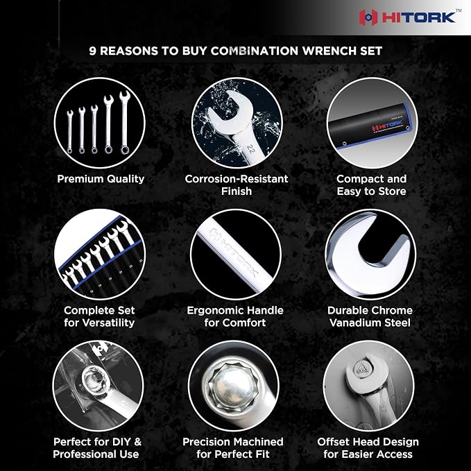 Hitork 24-Piece Combination Wrench Set, SAE (1/4"–1") & Metric (8–24mm), Cr-V Steel, Mirror Chrome Finish, 12-Point Box End, 15° Offset, with Roll Pouch – Ideal for Home, Garage & Auto Repair | Mirror chrome finish, raised box ends and organized roll u...