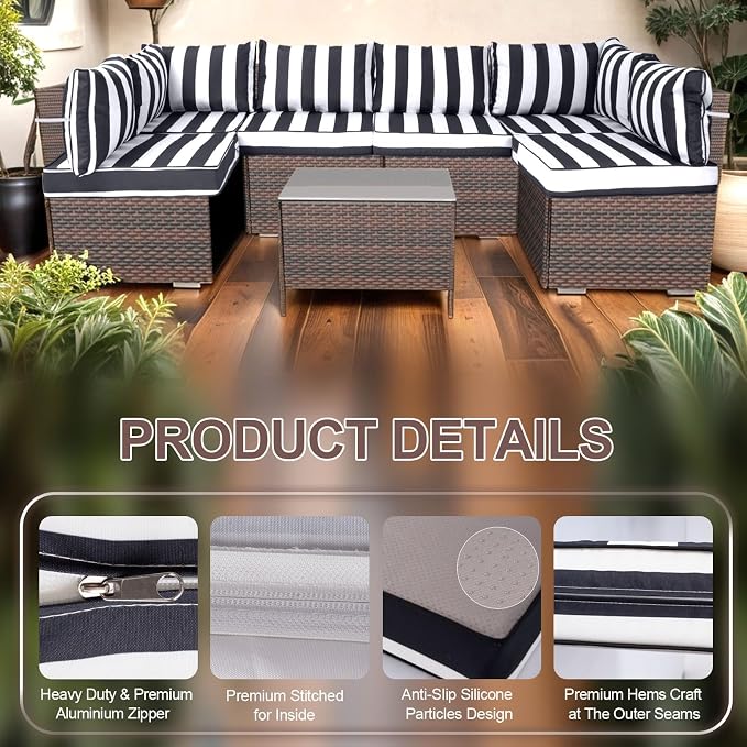 14 Piece Outdoor Furniture Replacement Cushions, Cover+Filling, 25.6" x 25.6" x 4" Foam Waterproof Outdoor Sofa Cushion Sets, Fit Wicker Rattan Sectional Conversation Set, Grey Black Stripes