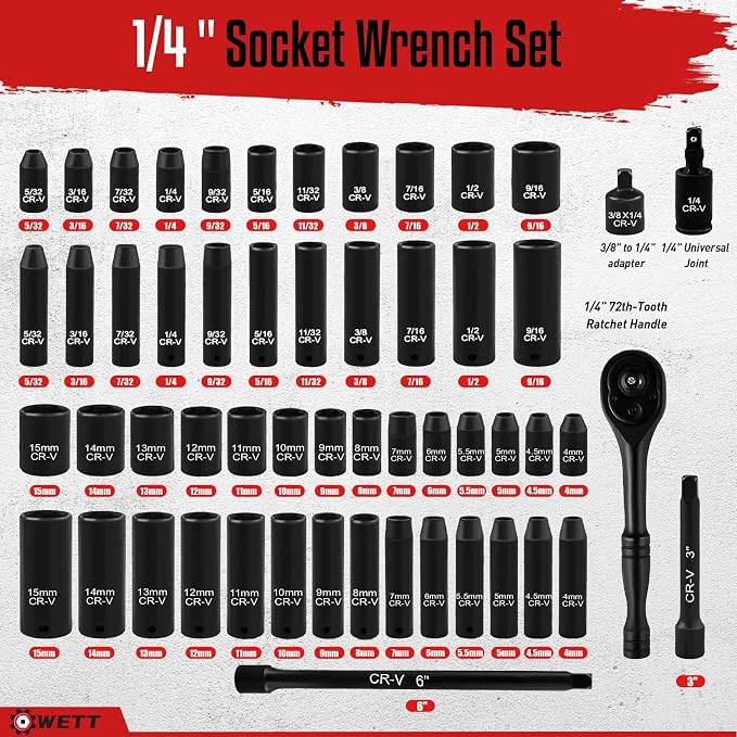 WETT 55-Piece 1/4" Drive Impact Socket Set, SAE/Metric, Deep/Shallow, Cr-V Steel, 6 Point, (5/32"-9/16", 4-15mm) Sockets with Ratchet Handle, Extension bar, Adapter and Universal Joint