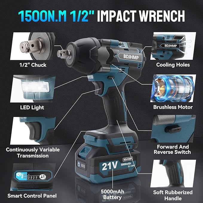 Cordless Impact Wrench 1/2 Inch, 1500 N.m/1106ft-lbs Brushless Impact Gun Compatible with Makita 18V Batteries, 3000 RPM High Torque Electric Power Impact Driver Set for Car Home (Blue With Battery)