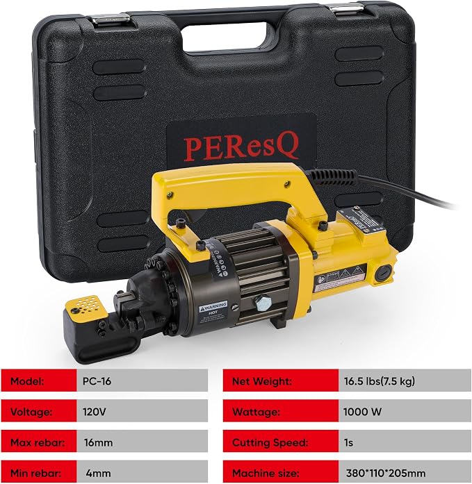Electric Hydraulic Rebar Cutter, 1000W 120V Corded, Portable Steel Bar Cutter, 5/8" (#5) 4-16mm Capacity,Cutting Speed 1s, Lightweight 16.5 lbs, Model PC-16 (Yellow-16)