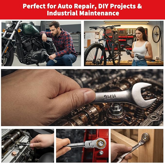 Professional Ratcheting Wrench Set,22-Piece SAE&Metric Combination Ratchet Wrenches 72-Tooth Reversible Mechanism,Premium Chrome Vanadium Steel Flex Head Wrench Set for Mechanics and Automotive Repair