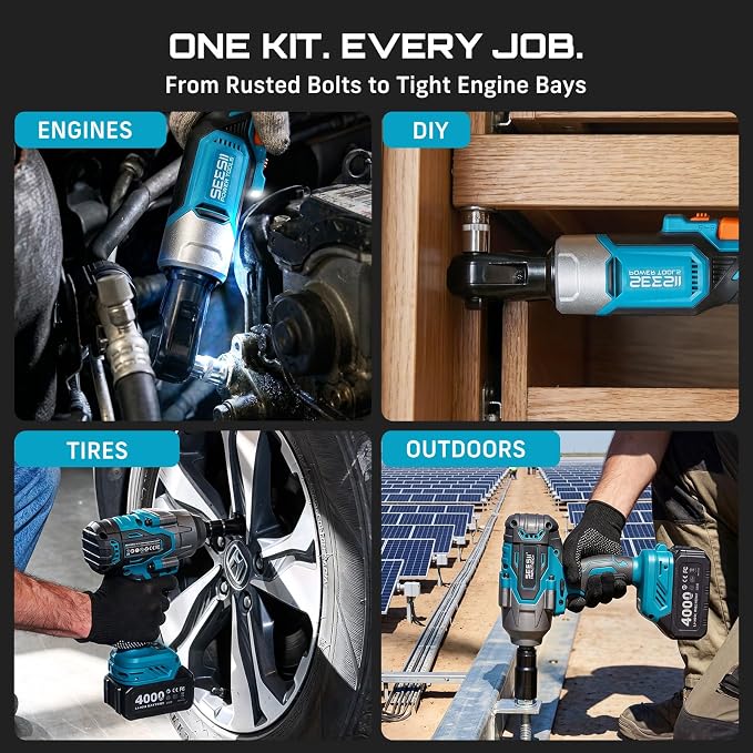 Seesii 1/2" Impact Wrench & 3/8" Ratchet Combo Kit for Auto Repair | 738 ft-lbs brushless impact gun & 60 ft-lbs ratchet, 2×4.0Ah batteries & charger, sockets & tool bag, for construction/DIY