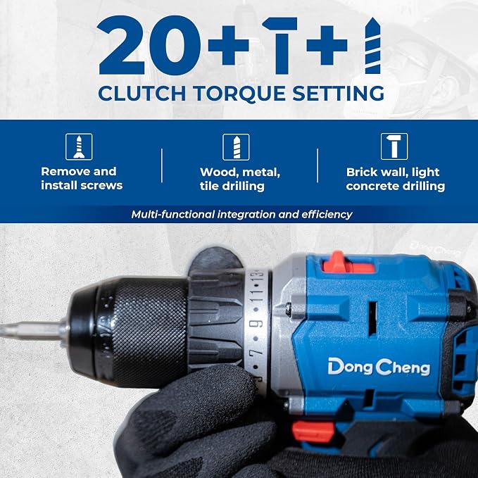 Dong Cheng 20V Brushless Heavy-duty Impact Drill, 531in-lbs, with 2 x 2.0Ah Battery, 1/2" Keyless All Metal Chuck, 20+1+1 Clutch, Cordless Hammer Drill Kit for Drilling Brick Wall, Metal, Wood