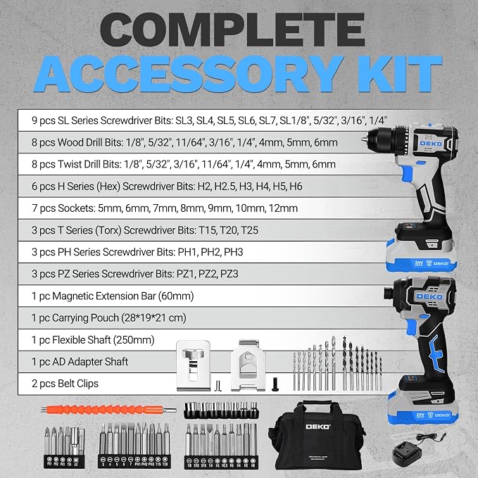 Cordless Drill & Impact Driver: DEKOPRO 20V Brushless Power Drill and 20V Brushless Impact Driver Set, Power Tool Set with 2 x 2.0Ah Batteries, Charger, Bag& 52 x Accessories-Blue