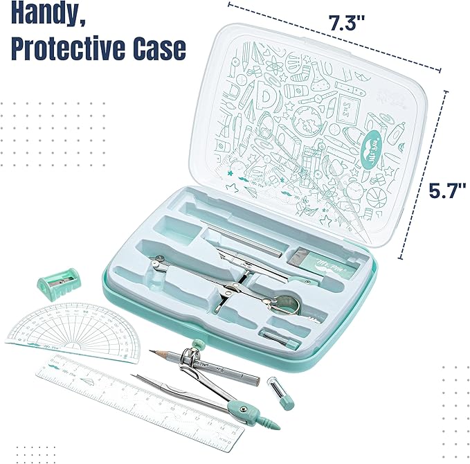 Mr. Pen- Geometry Set, 13 pcs, 3 Metal Compasses, Protractor, 6" Ruler, 45° & 30°/60° Set Squares, Pencils, Lead Refills, Sharpener & Eraser for Math, Drafting & Classroom Use