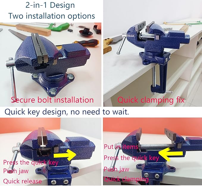 MYTEC Bench Vise or Table Vise, multifunctional jaw, multi-functional Combined Vise with Quick Adjustment, Universal Rotate 360° Work Clamp-On Vise, 3.3" blue