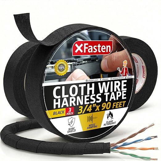 XFasten Wire Harness Tape, 3/4-Inch x 90-Foot (3-Pack), High Temp Wiring Loom Harness, Self-Adhesive Felt Cloth Electrical Tape for Automotive Engines, Noise Dampening, and Cable Protection