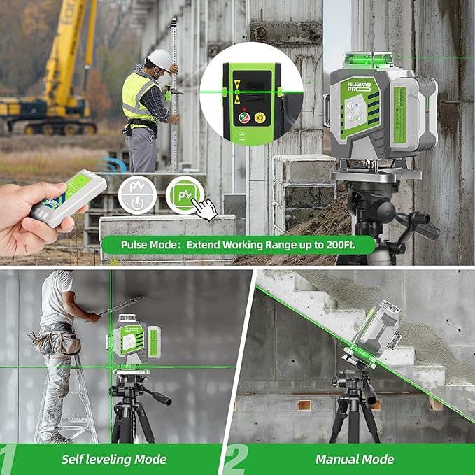 Huepar Pro Laser Level, Self Leveling 4 x 360° Green Cross Line Laser Level Tool, High Accuracy 4D Level Laser for Construction, 8000mAh Rechargeable Li-ion Battery, Remote Controller&Hard Carry Case
