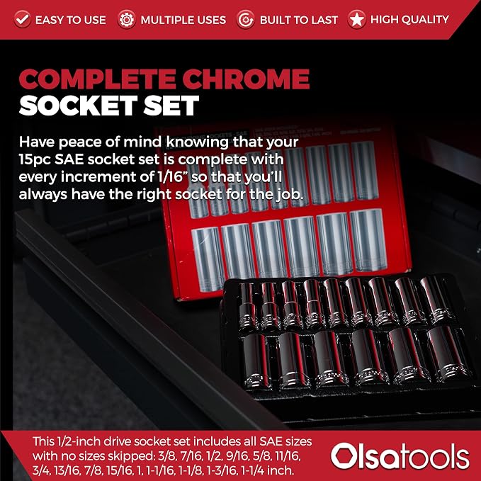 Olsa Tools 1/2-Inch Drive SAE Deep Socket Set - 18pc | 6-Point Chrome Vanadium Sockets, 3/8" to 1-1/4", No Skipped Sizes - Professional-Grade SAE Socket Sets - Part: 1319
