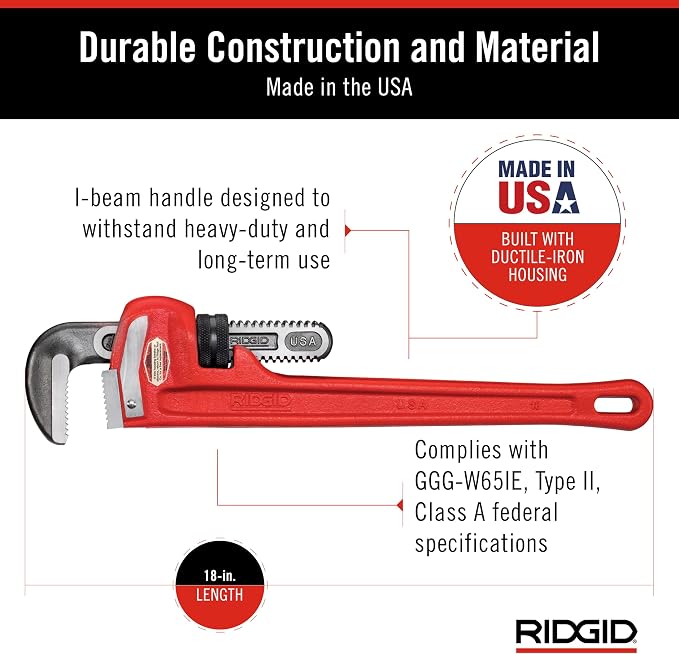 RIDGID 31025 Model 18 Heavy-Duty Straight Pipe Wrench, 18-inch Plumbing Wrench