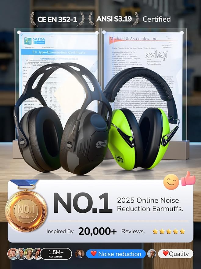 Dr.meter Noise Reduction Ear Muffs, Ear Protection Noise Cancelling Headphones for Adults, Kids Autism Sensory, NRR28dB Hearing Protection Earmuffs for Range, Mowing, Woodworking, Concerts, Races
