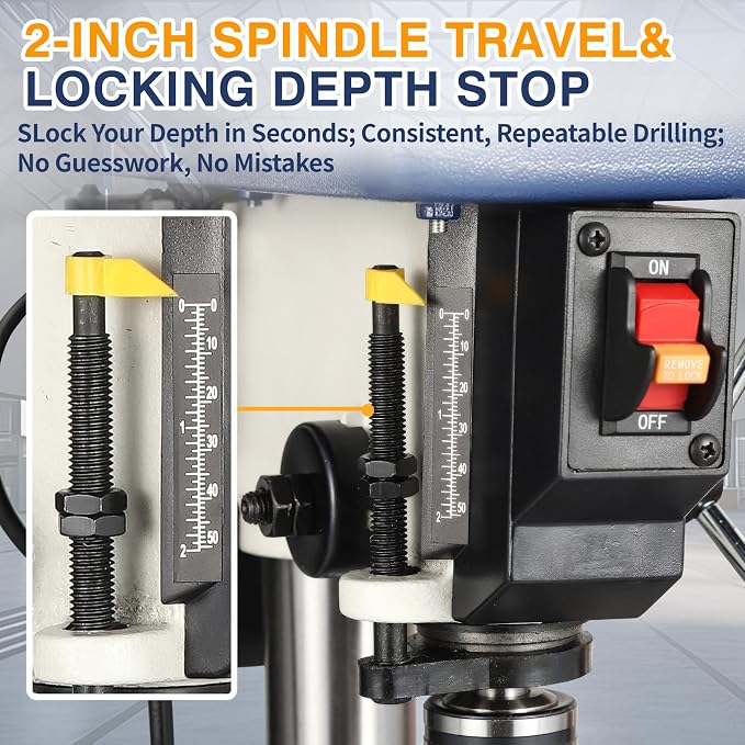 QK-KYOHO 8" Benchtop Drill Press - 3.1A Motor Drill Press Heavy-Duty Cast Iron Head - Bench Drill Press 5 Speed Adjustable (620-3100 RPM) - 0-45°Tilting&Height Adjustable Table Drill Presses