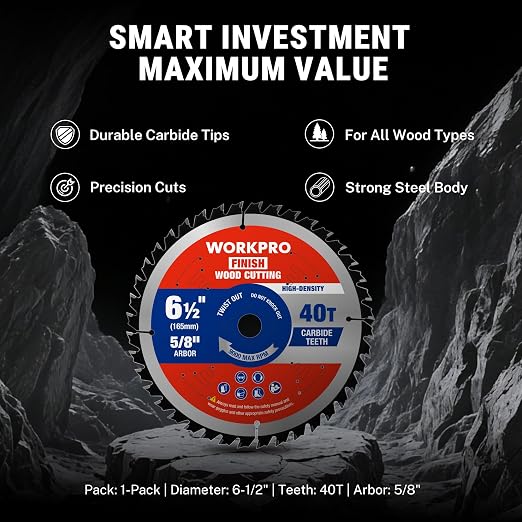 WORKPRO 6-1/2 Inch Woodworking Circular Saw Blade, 40T General Purpose Wood Cutting, Thin Kerf, Carbide Tipped, ATB Tooth, 1-Pack