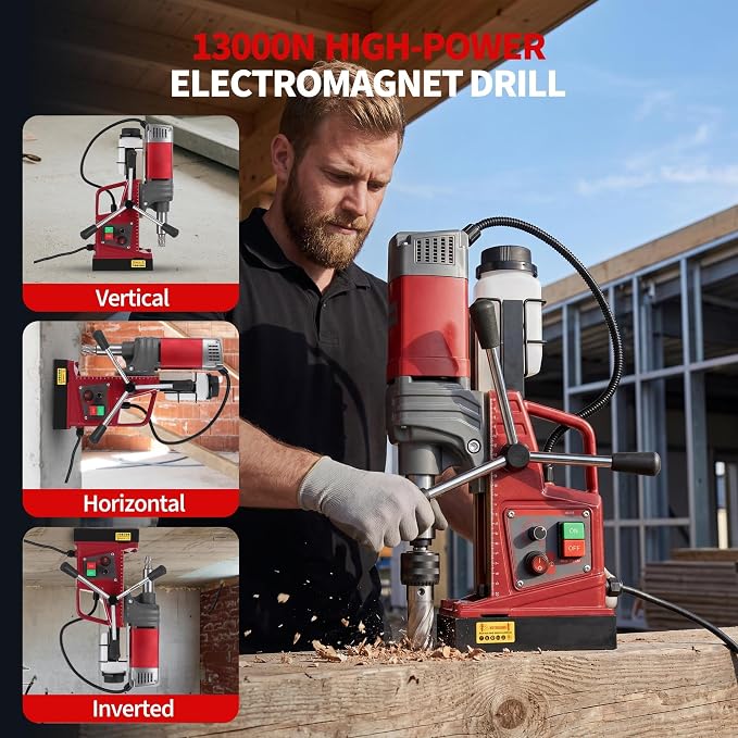 1.57 Inch Magnetic Drill Press, 210mm Max Stroke, 13000N Magnetic Force, 1550W 820RPM Portable Electric Mag Drill Machine for Metal Drilling, Industrial Grade with Drill Chucks & Annular Cutters Kit