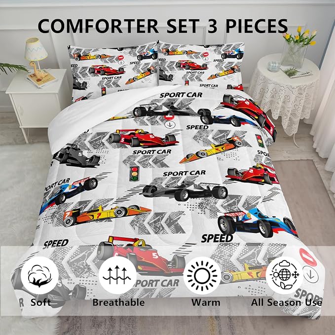 Axolotl Racing Car Comforter Set King Size,Extreme Sports Themed Boys Bedding for Boys Teens Girls,3 Piece Cool Speed Race Cars Quilt Set with 1 Comforter 2 Pillowcases,Multi Color