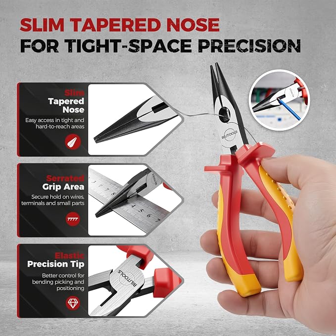 BILITOOLS 1000V Insulated Needle Nose Pliers, 6inch, Long Nose Pliers, Cr-V