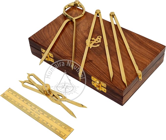 Humaira Nautical Proportional Divider Set of 5, Full Brass dividers with Executive Wooden Box, Single Handed 8" Brass Navigational Dividers Compass Set for Maritime, Naval, Geometry and Drafting